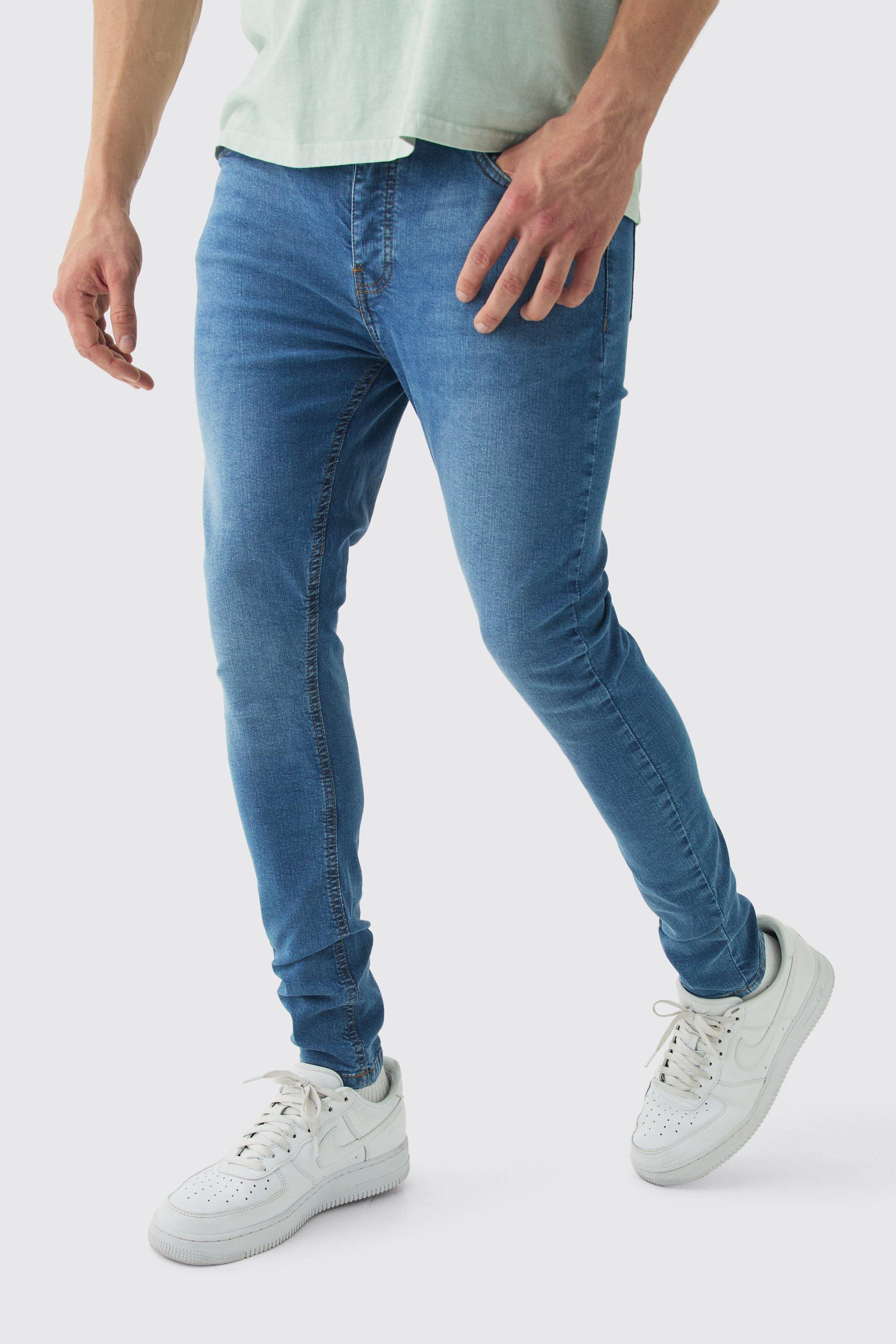 Mens Super Skinny Stretch Jean In Mid Blue, Blue